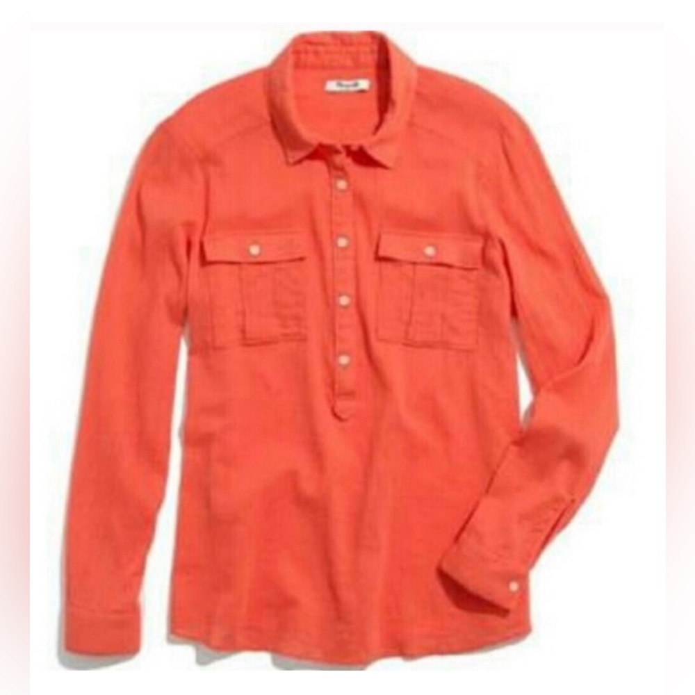 Madewell‎ Button Placket Cotton Popover Tunic Top Shirt in Flame Orange Size XS